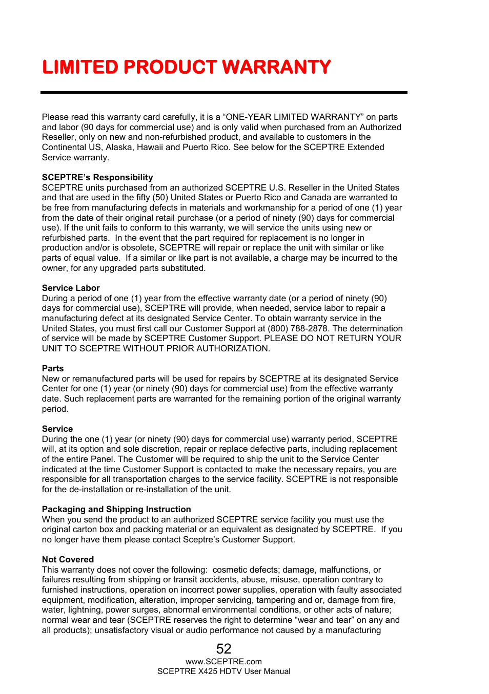 Limited product warranty | Sceptre X425BV-FHD3 User Manual | Page 52 / 55