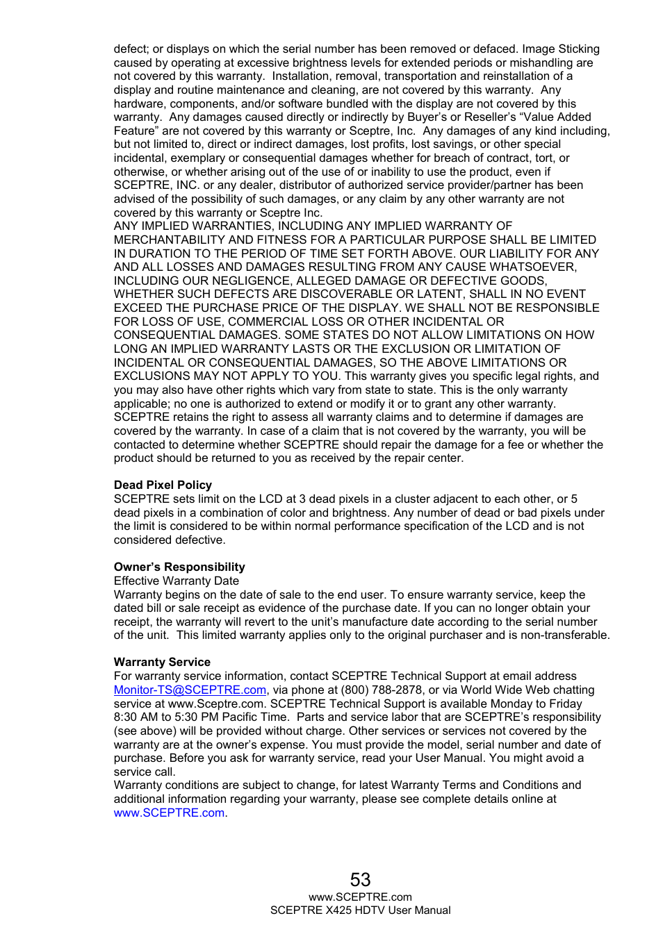 Sceptre X425BV-FHD3 User Manual | Page 53 / 55