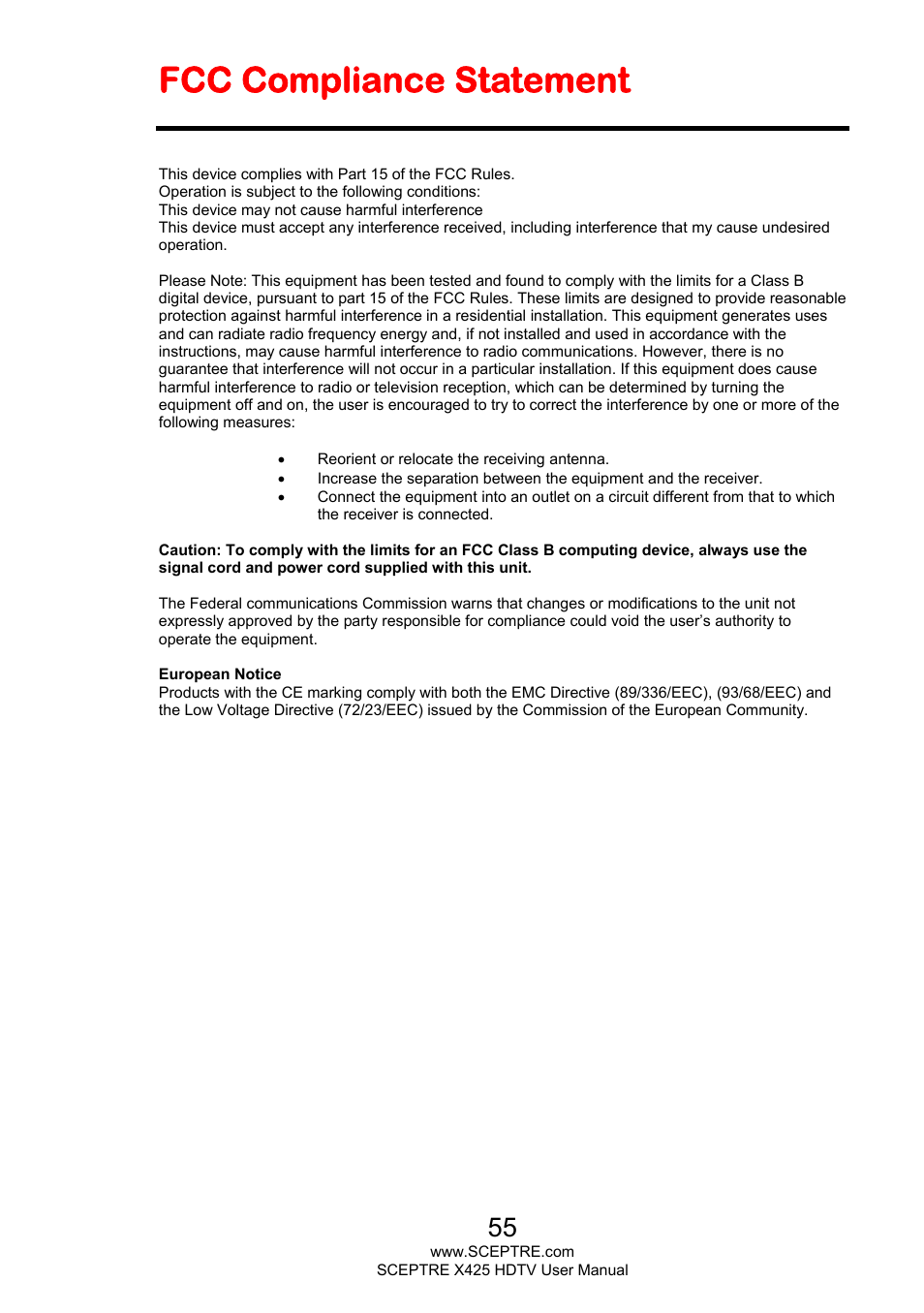 Fcc compliance statement | Sceptre X425BV-FHD3 User Manual | Page 55 / 55