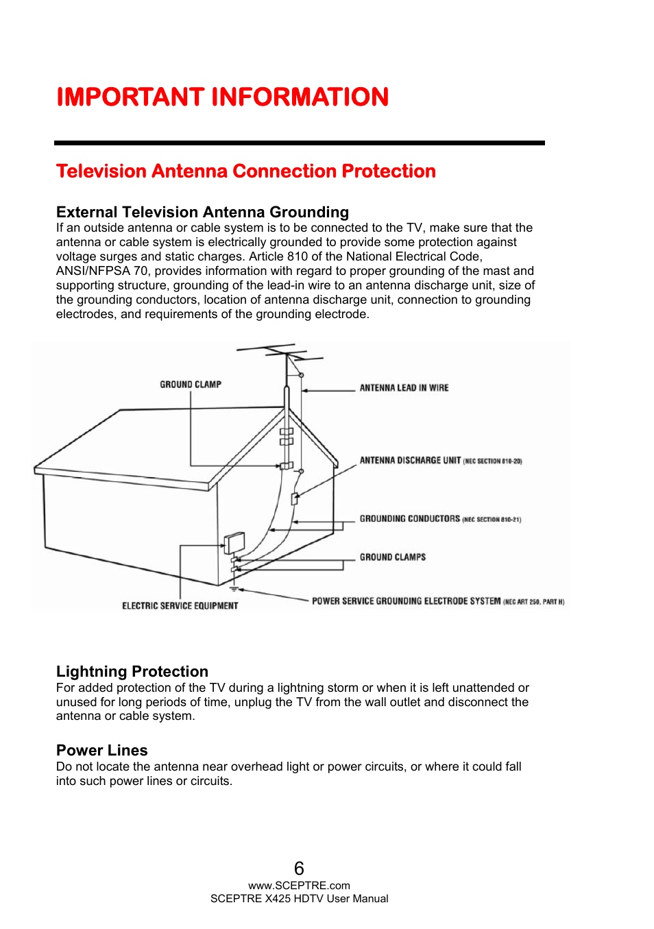 Important information, Television antenna connection protection | Sceptre X425BV-FHD3 User Manual | Page 6 / 55