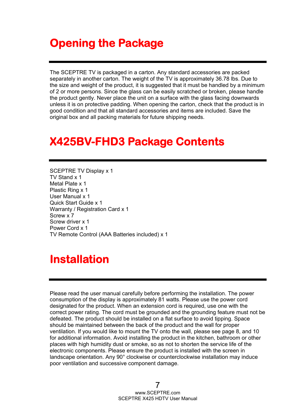 Opening the package, X425bv-fhd3 package contents, Installation | Sceptre X425BV-FHD3 User Manual | Page 7 / 55