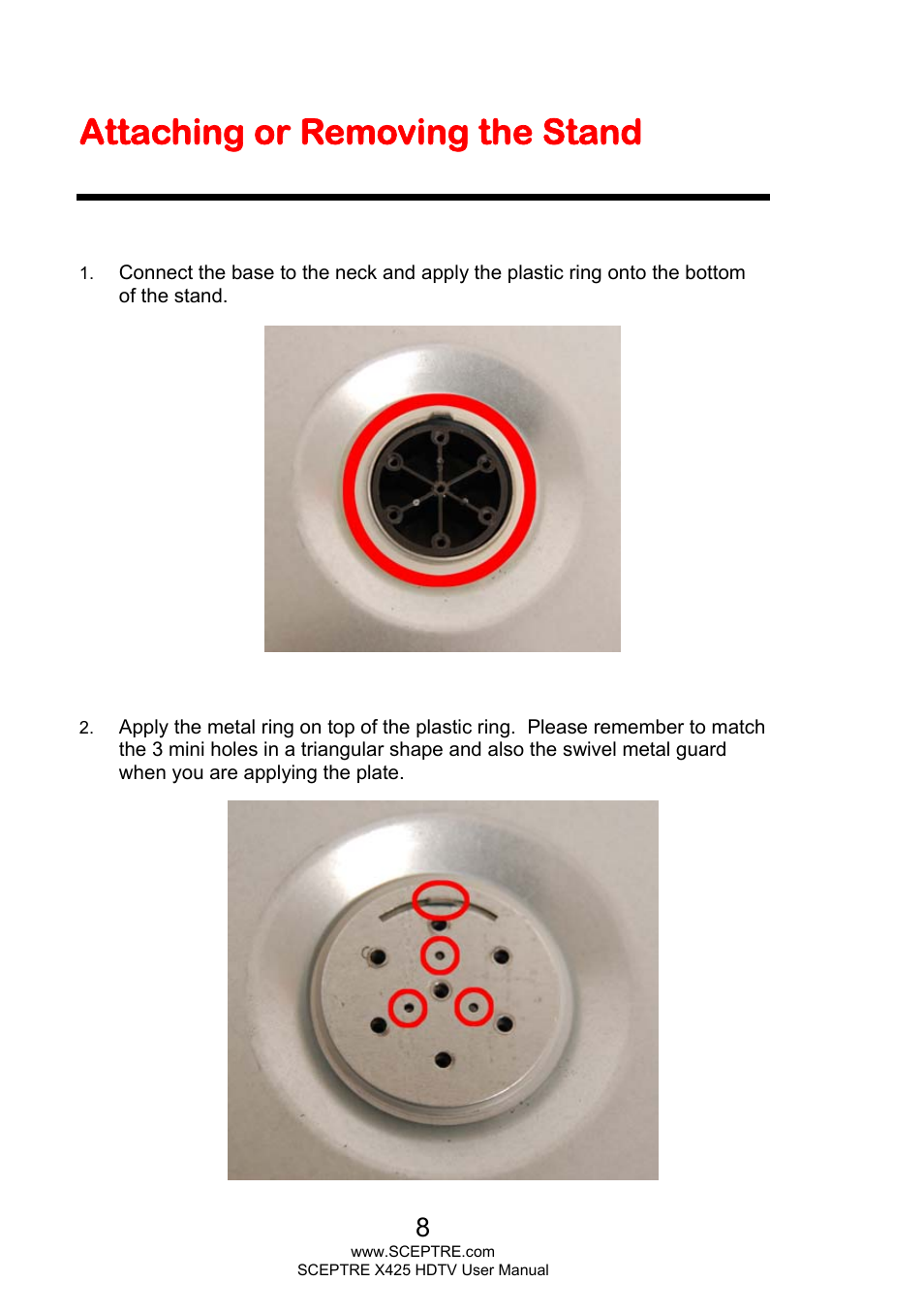 Attaching or removing the stand | Sceptre X425BV-FHD3 User Manual | Page 8 / 55