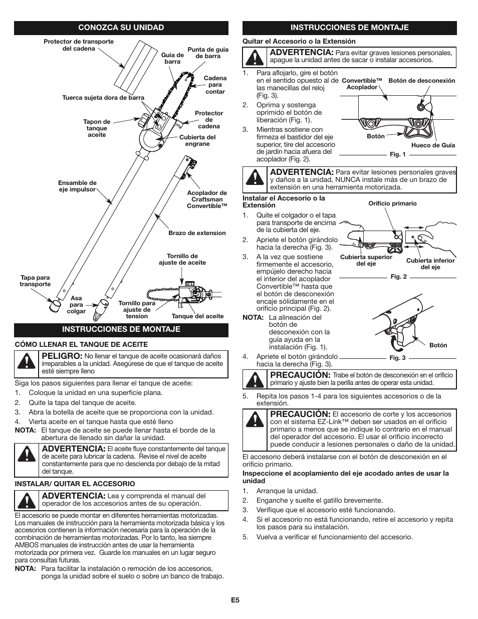 Peligro, Advertencia, Precaución | Craftsman 316.79246 User Manual | Page 13 / 20