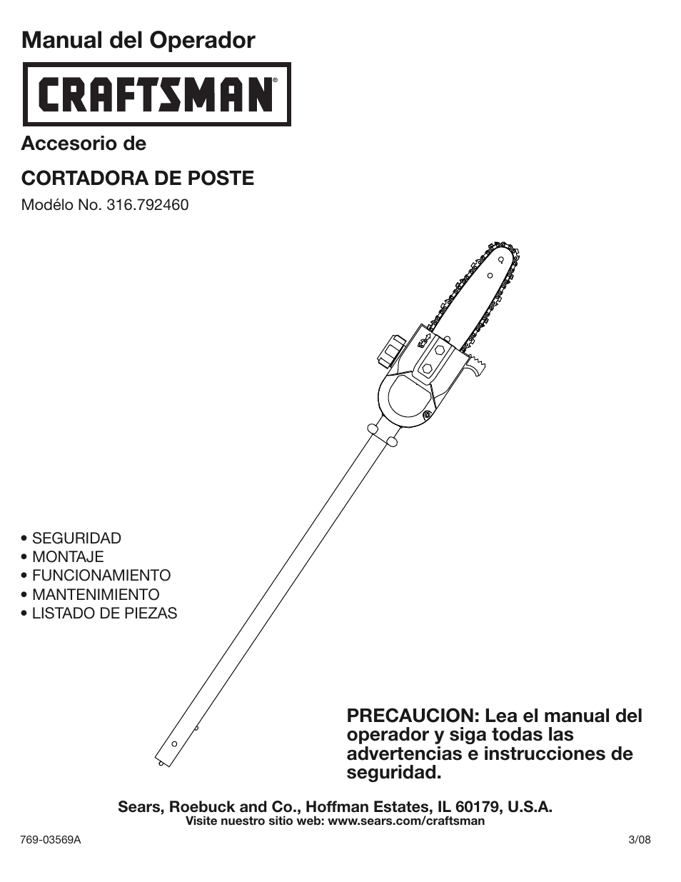 Manual del operador, Accesorio de cortadora de poste | Craftsman 316.79246 User Manual | Page 9 / 20