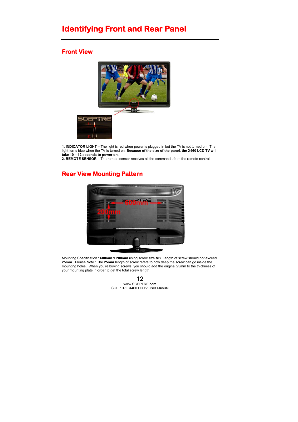 Identifying front and rear panel | Sceptre X460PV-F120 User Manual | Page 12 / 52