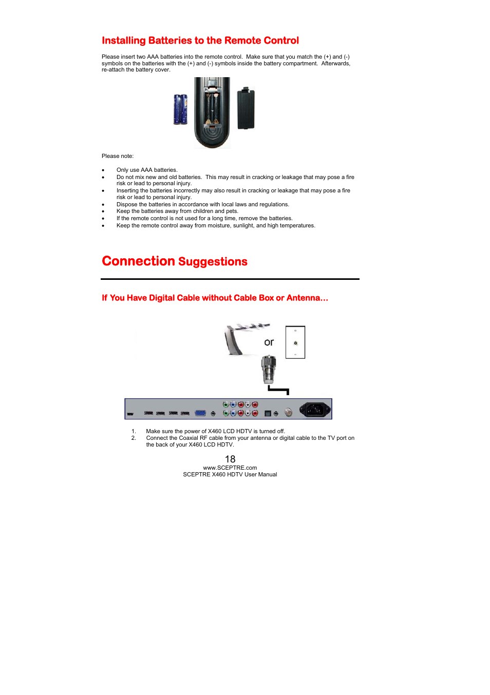 Connection, Suggestions, Installing batteries to the remote control | Sceptre X460PV-F120 User Manual | Page 18 / 52