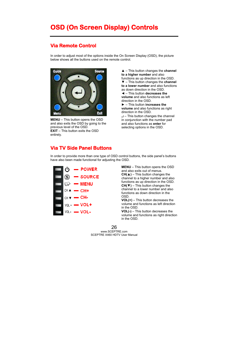 Osd (on screen display) controls | Sceptre X460PV-F120 User Manual | Page 26 / 52