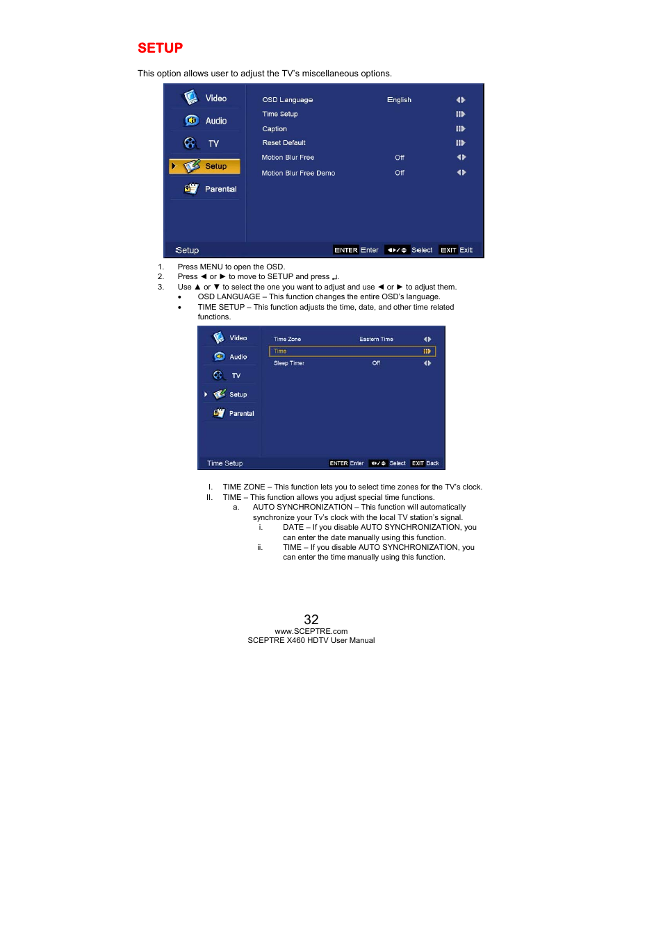 Setup | Sceptre X460PV-F120 User Manual | Page 32 / 52