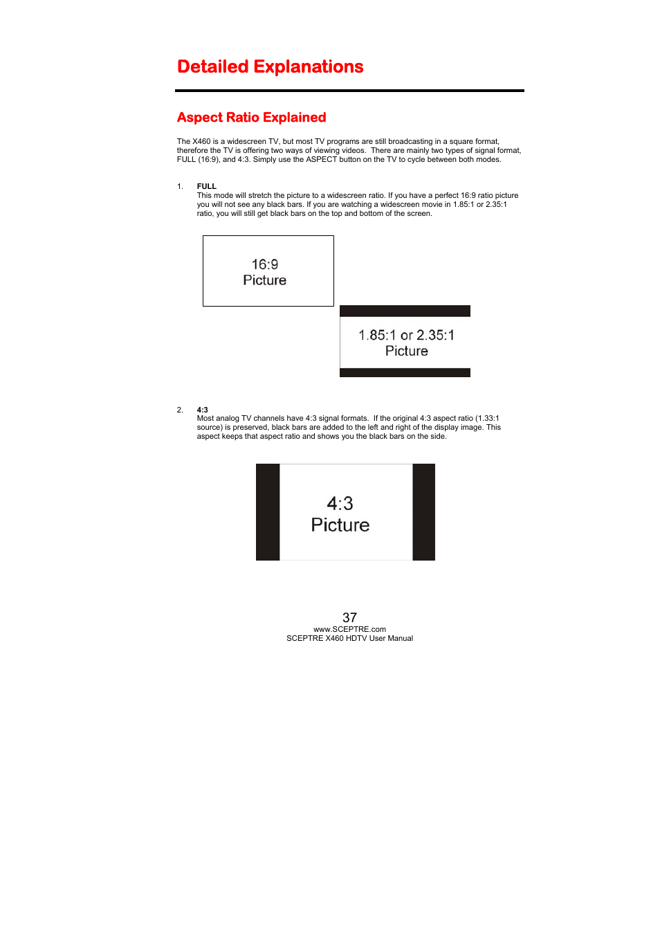Detailed explanations, Aspect ratio explained | Sceptre X460PV-F120 User Manual | Page 37 / 52