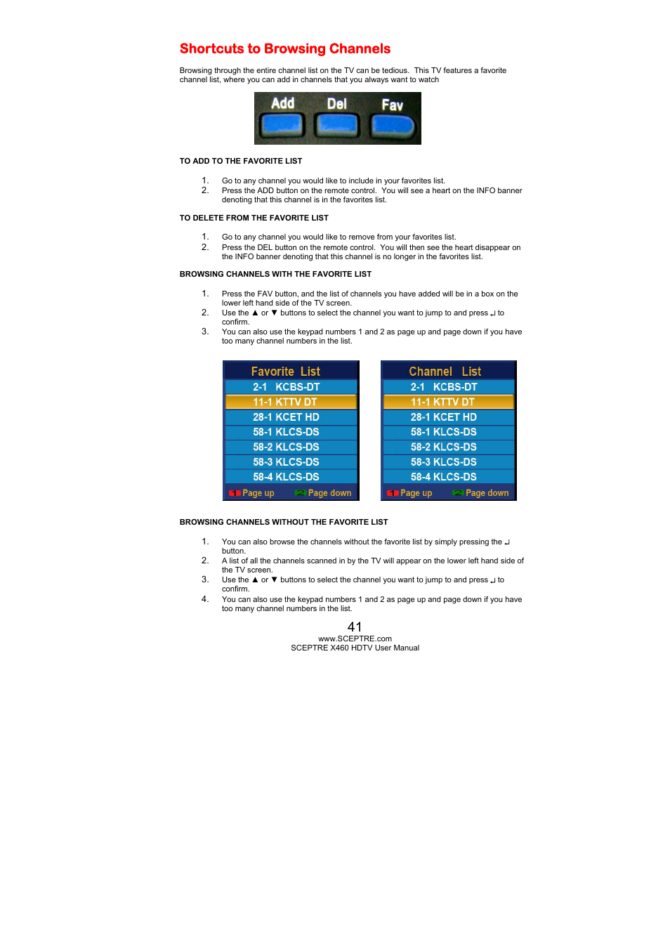 Shortcuts to browsing channels | Sceptre X460PV-F120 User Manual | Page 41 / 52