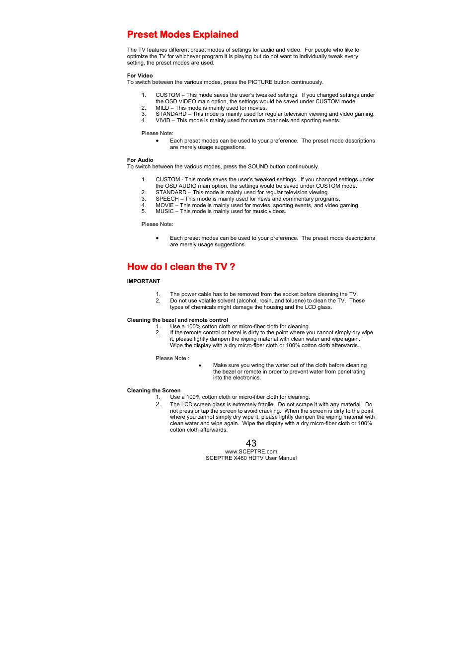 Preset modes explained, How do i clean the tv | Sceptre X460PV-F120 User Manual | Page 43 / 52