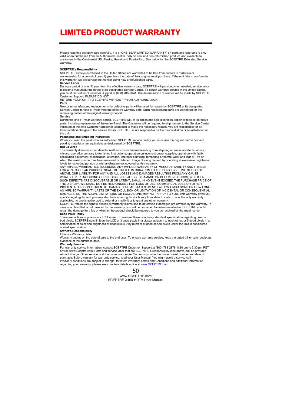Limited product warranty | Sceptre X460PV-F120 User Manual | Page 50 / 52