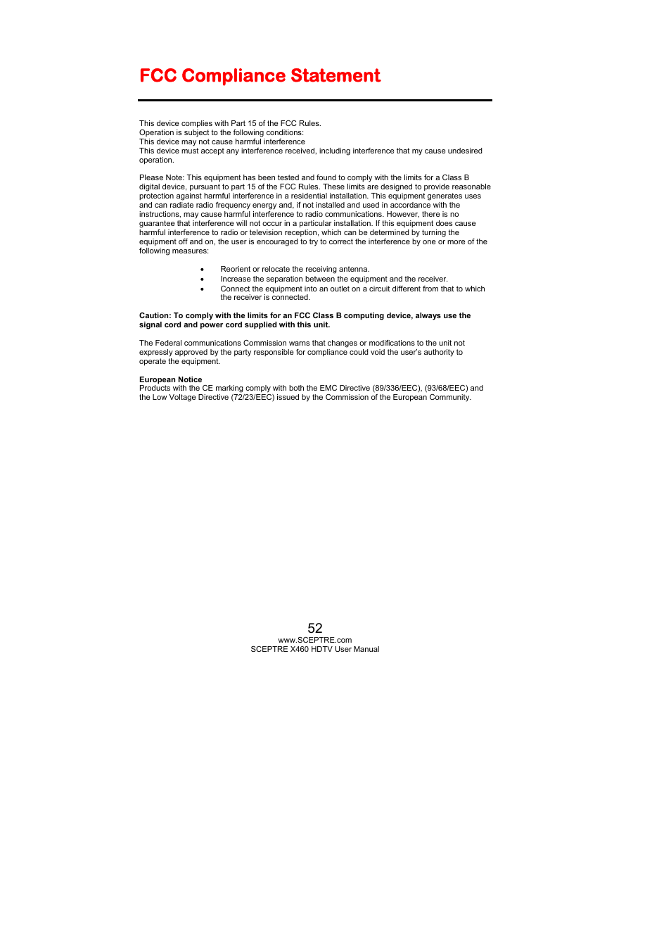 Fcc compliance statement | Sceptre X460PV-F120 User Manual | Page 52 / 52