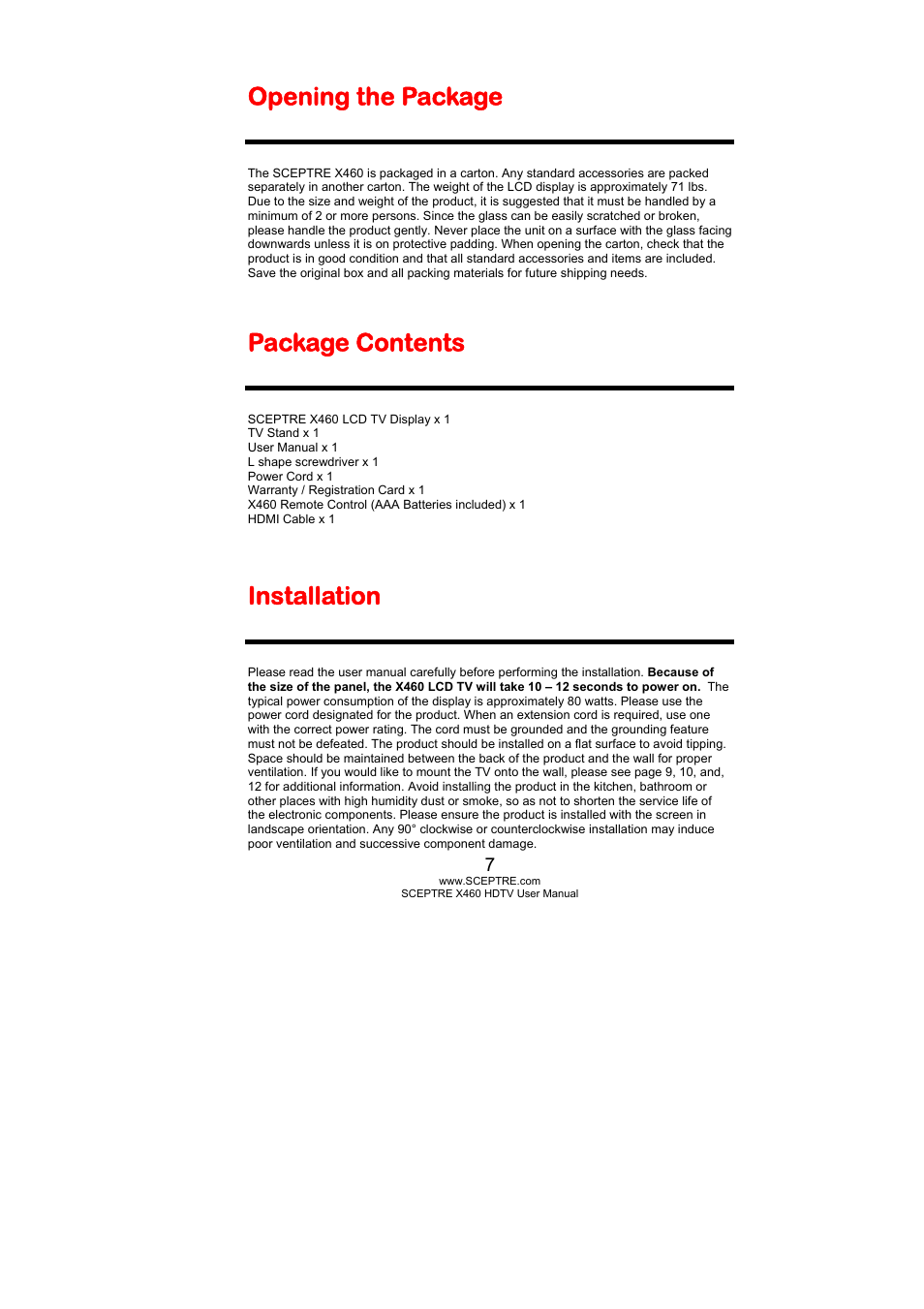 Opening the package, Package contents, Installation | Sceptre X460PV-F120 User Manual | Page 7 / 52