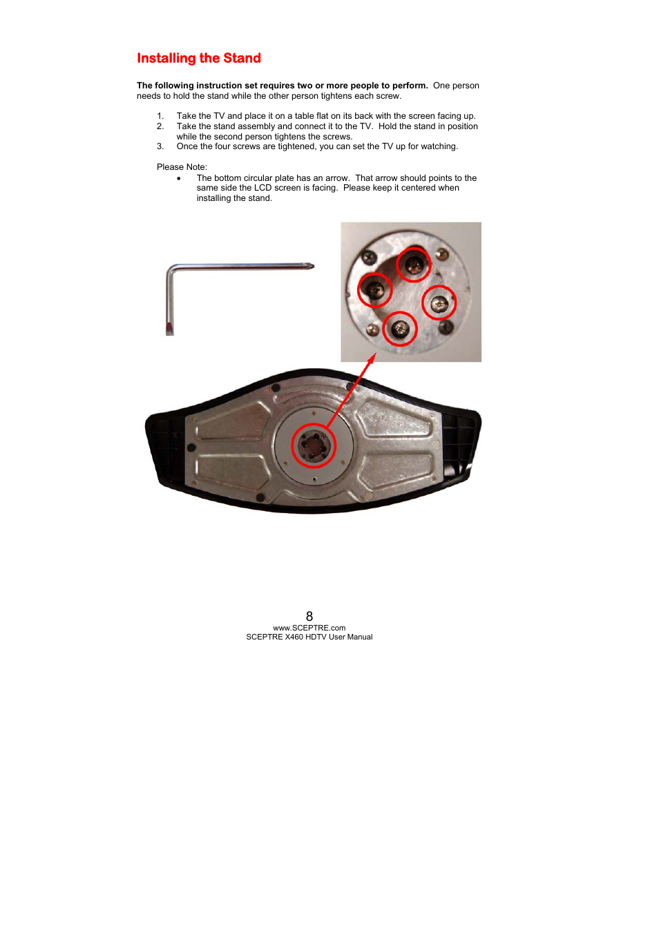 Installing the stand | Sceptre X460PV-F120 User Manual | Page 8 / 52