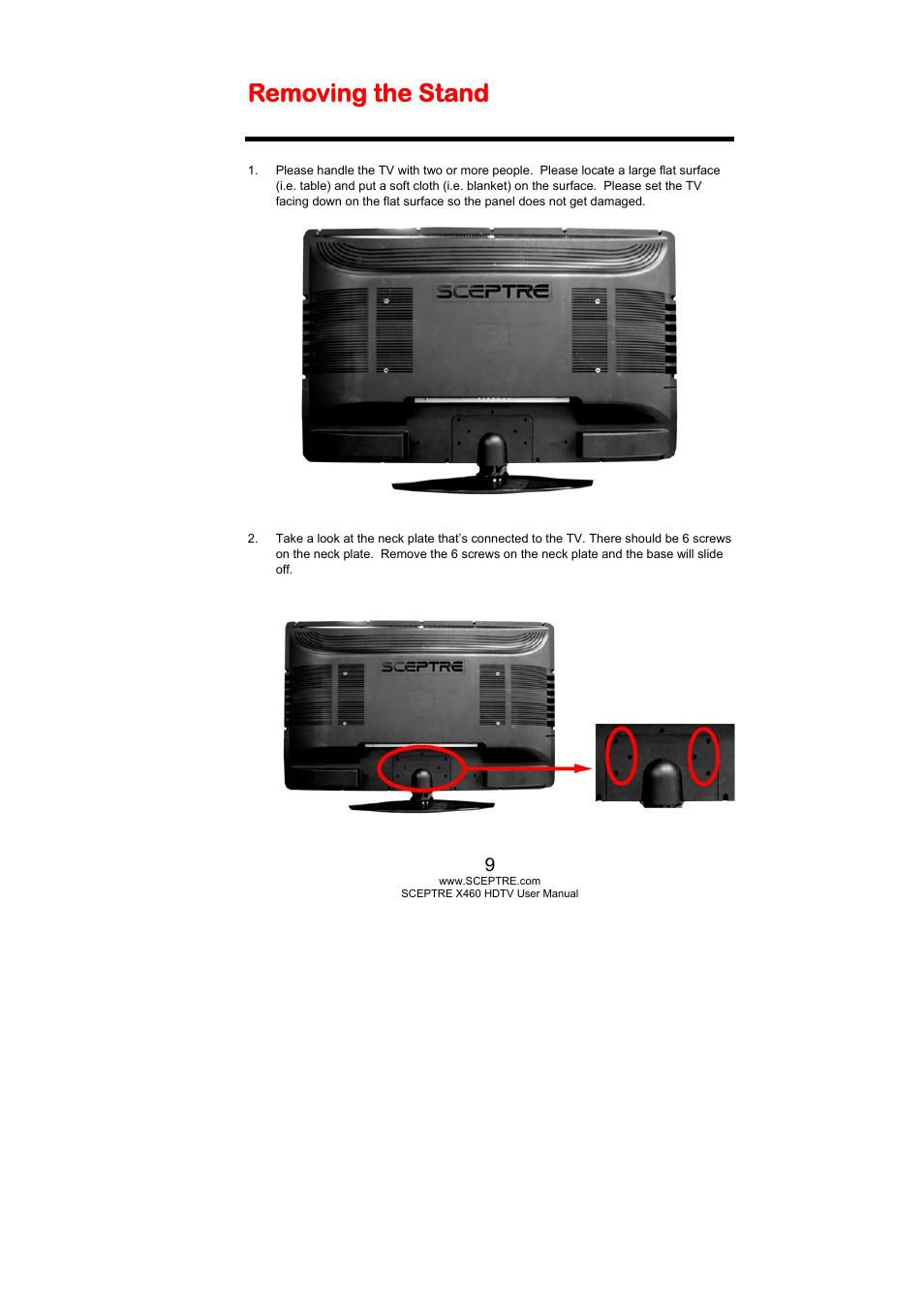 Removing the stand | Sceptre X460PV-F120 User Manual | Page 9 / 52