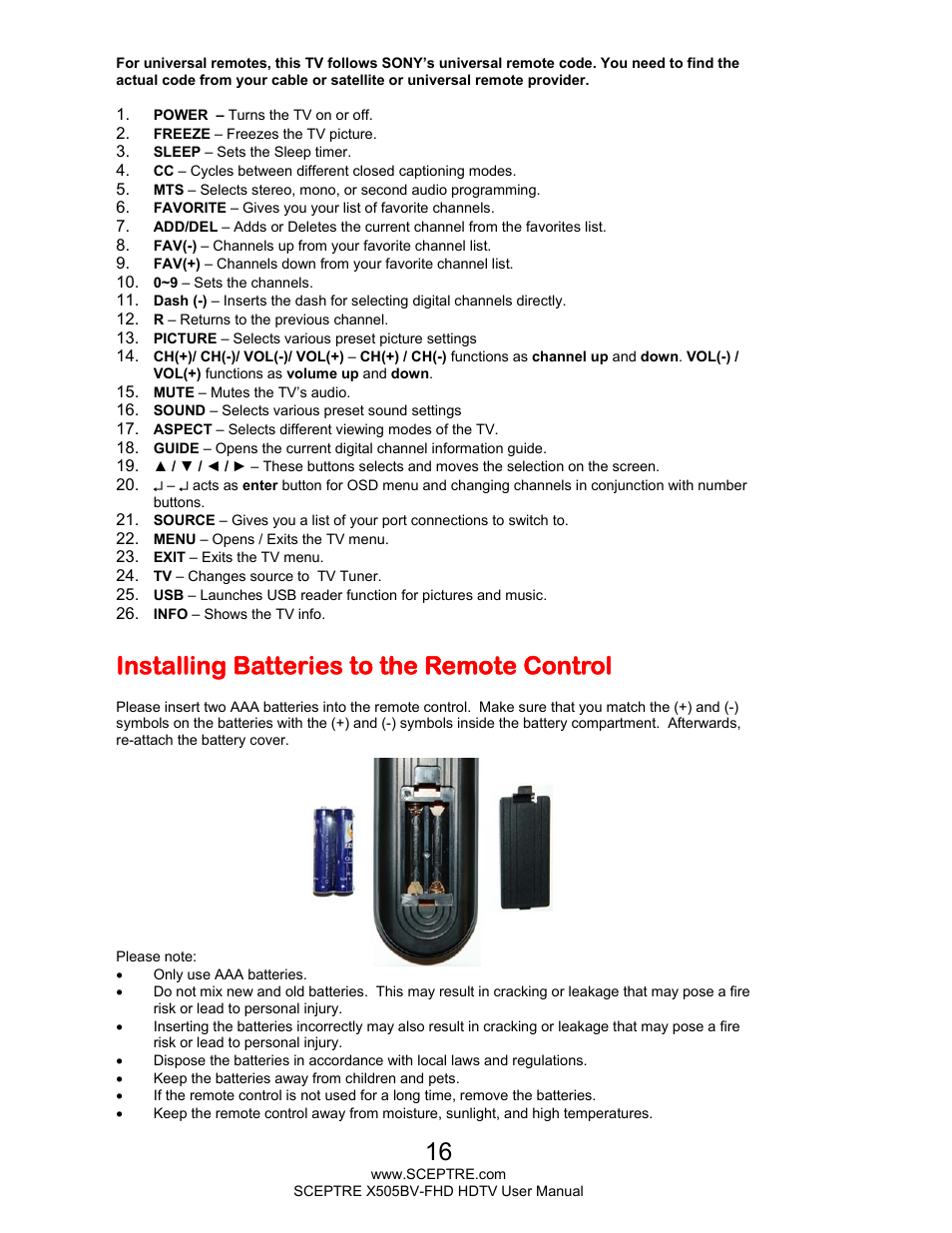 Installing batteries to the remote control | Sceptre H505BV-FHD User Manual | Page 16 / 53