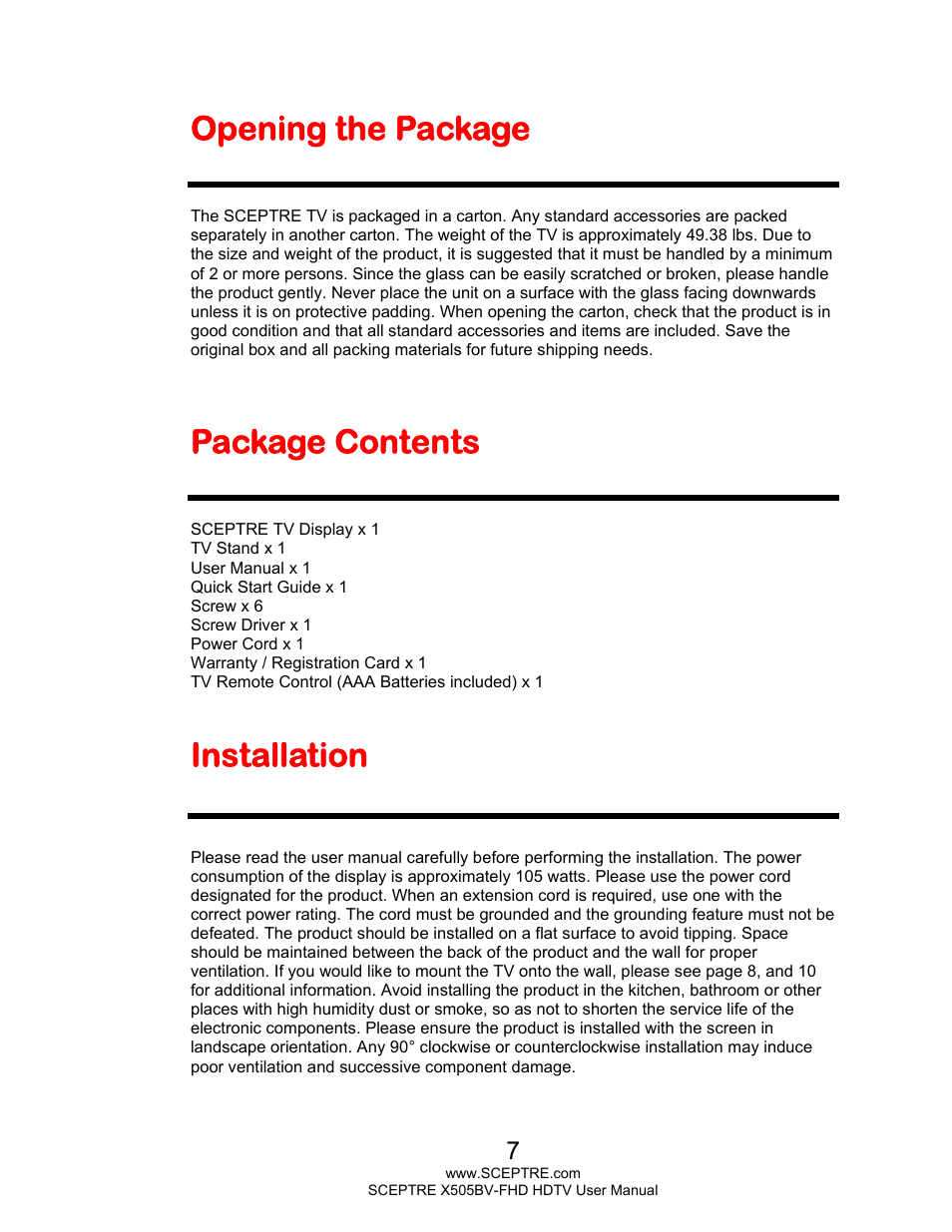 Opening the package, Package contents, Installation | Sceptre H505BV-FHD User Manual | Page 7 / 53