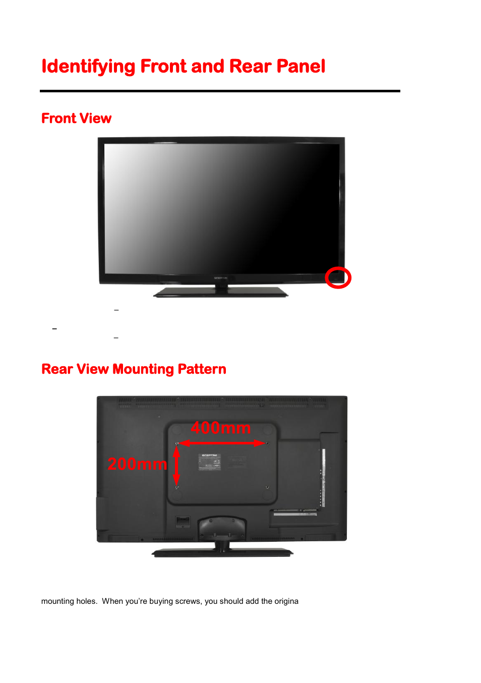 Identifying front and rear panel, Front view, Rear view mounting pattern | Sceptre X505BV-FHDU User Manual | Page 10 / 54