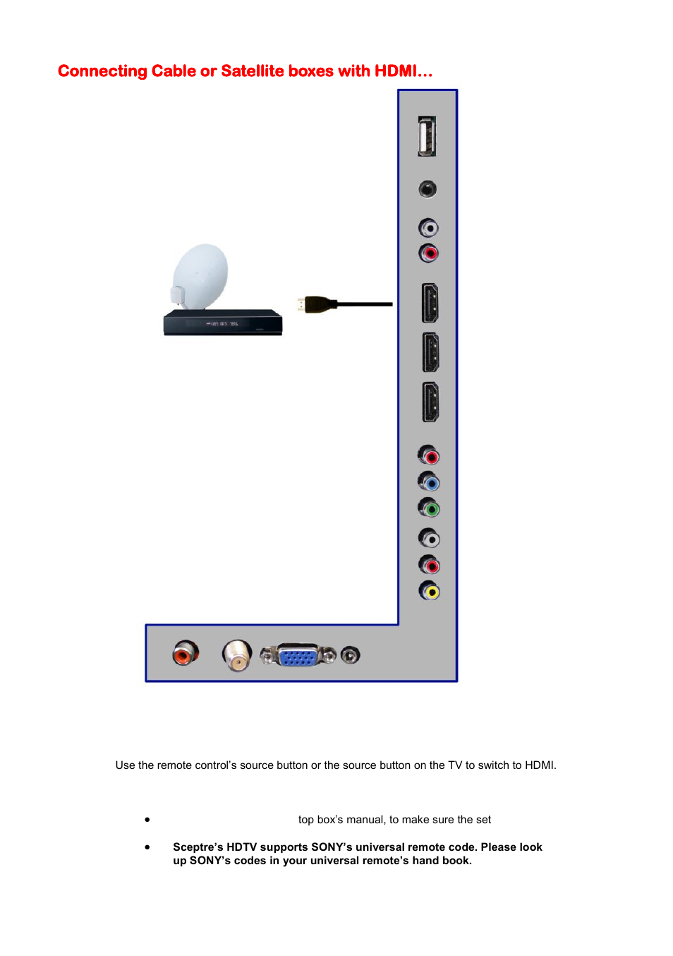 Connecting cable or satellite boxes with hdmi | Sceptre X505BV-FHDU User Manual | Page 20 / 54