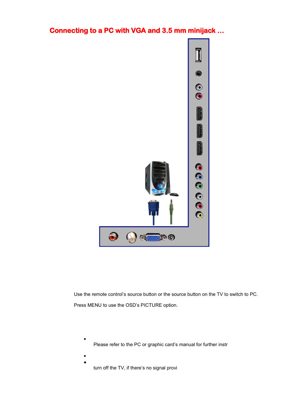 Connecting to a pc with vga and 3.5 mm minijack | Sceptre X505BV-FHDU User Manual | Page 21 / 54