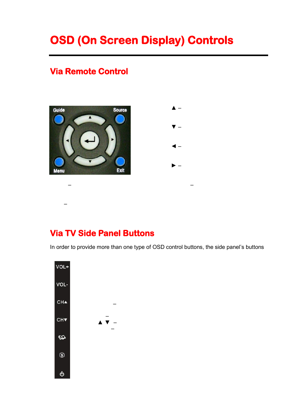 Osd (on screen display) controls, Via remote control, Via tv side panel buttons | Sceptre X505BV-FHDU User Manual | Page 25 / 54