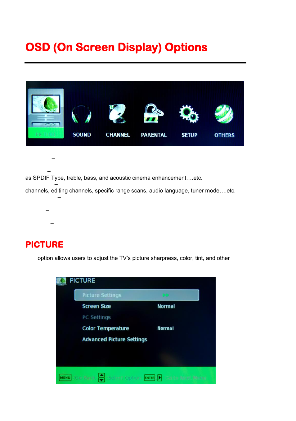 Osd (on screen display) options, Picture | Sceptre X505BV-FHDU User Manual | Page 26 / 54