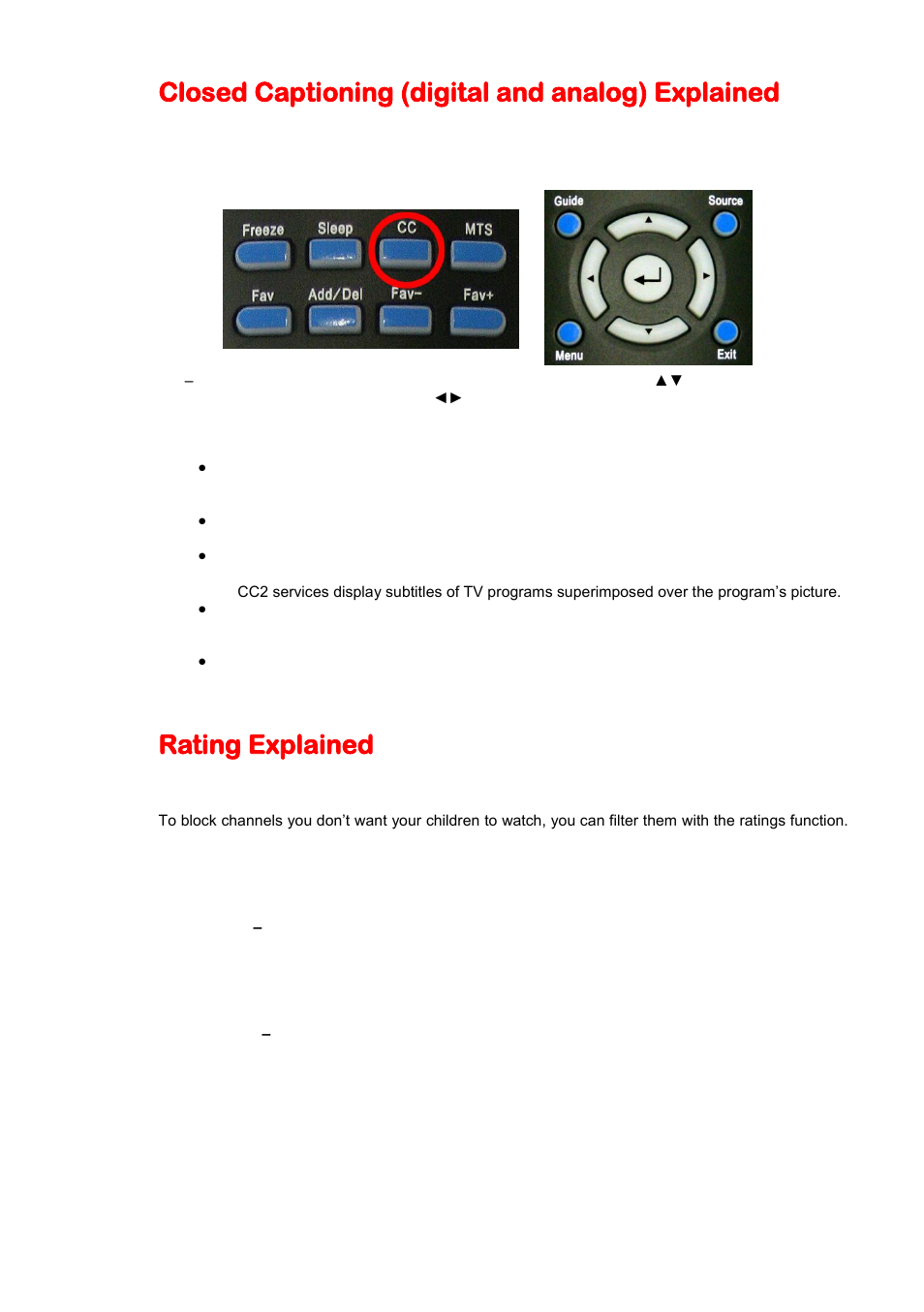 Closed captioning (digital and analog) explained, Rating explained | Sceptre X505BV-FHDU User Manual | Page 39 / 54