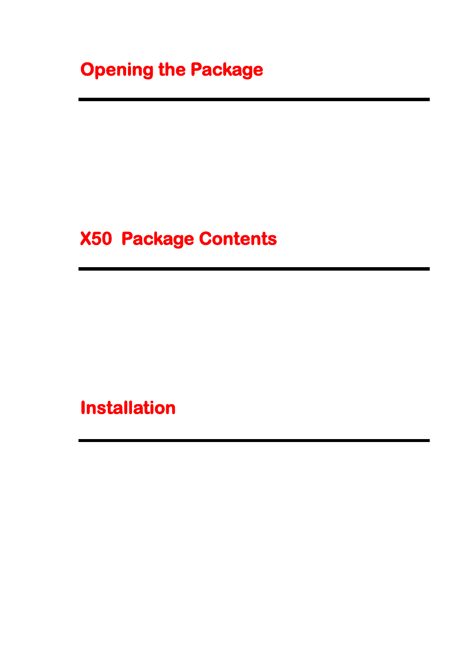 Opening the package, X50 package contents, Installation | Sceptre X505BV-FHDU User Manual | Page 7 / 54