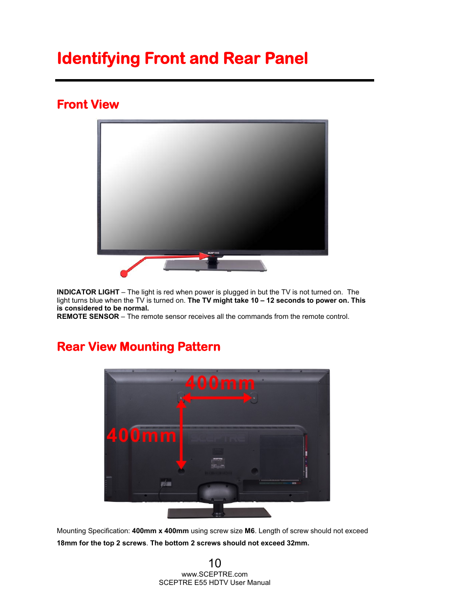 Identifying front and rear panel, Front view, Rear view mounting pattern | Sceptre E555BV-FMQR User Manual | Page 10 / 57