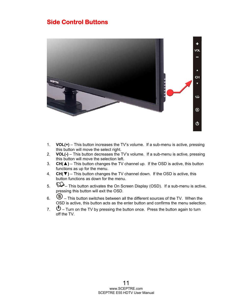 Side control buttons | Sceptre E555BV-FMQR User Manual | Page 11 / 57