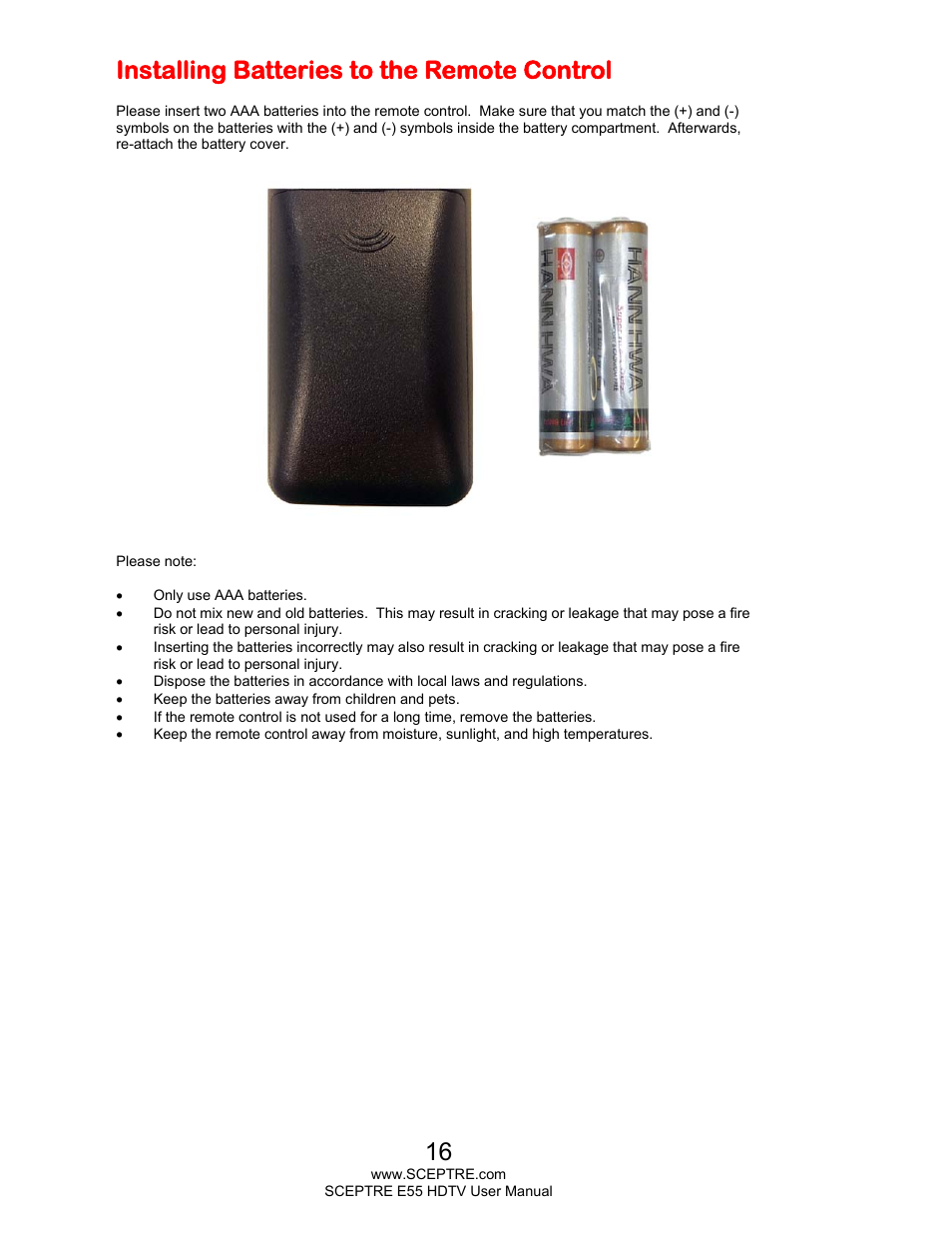 Installing batteries to the remote control | Sceptre E555BV-FMQR User Manual | Page 16 / 57
