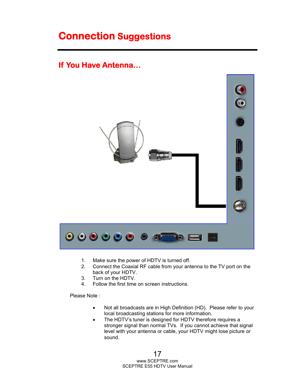 Connection, Suggestions, If you have antenna | Sceptre E555BV-FMQR User Manual | Page 17 / 57