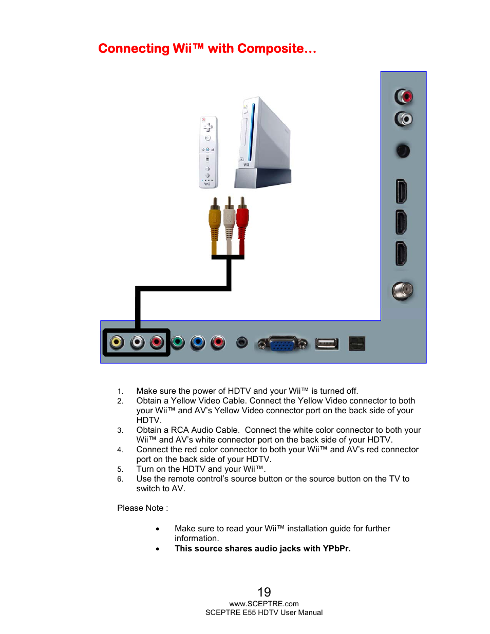 Connecting wii™ with composite | Sceptre E555BV-FMQR User Manual | Page 19 / 57