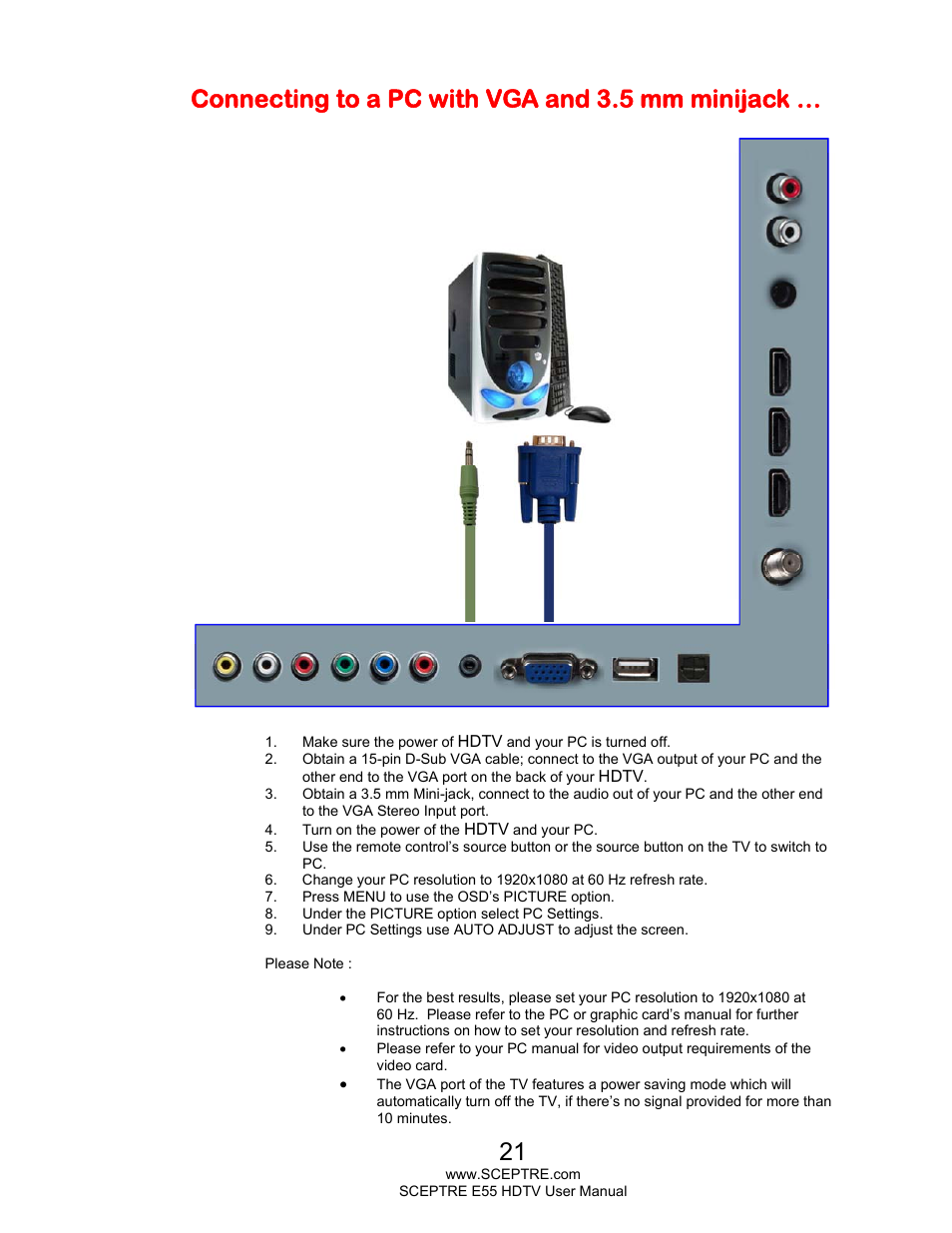 Connecting to a pc with vga and 3.5 mm minijack | Sceptre E555BV-FMQR User Manual | Page 21 / 57