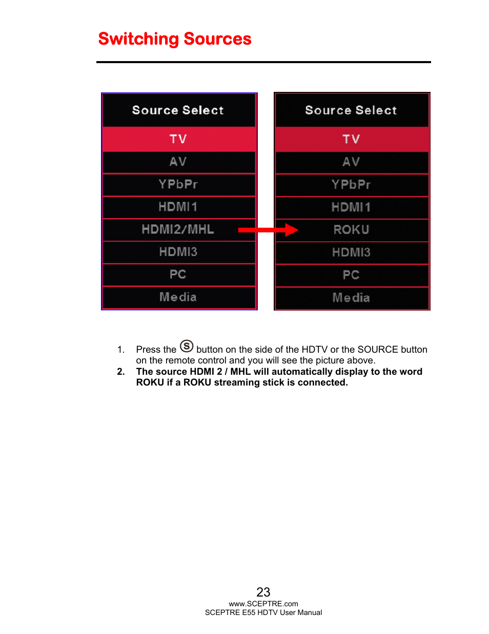 Switching sources | Sceptre E555BV-FMQR User Manual | Page 23 / 57