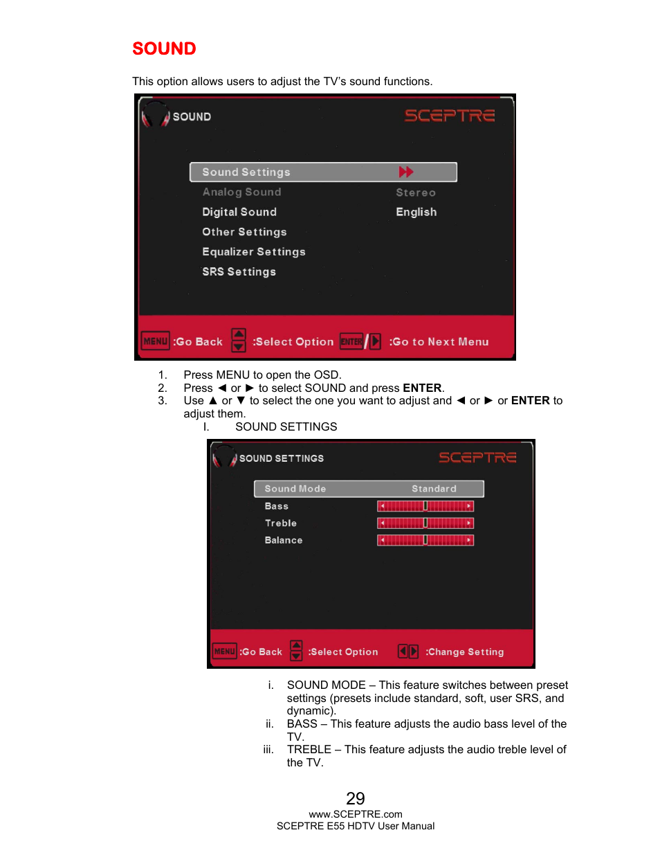 Sound | Sceptre E555BV-FMQR User Manual | Page 29 / 57