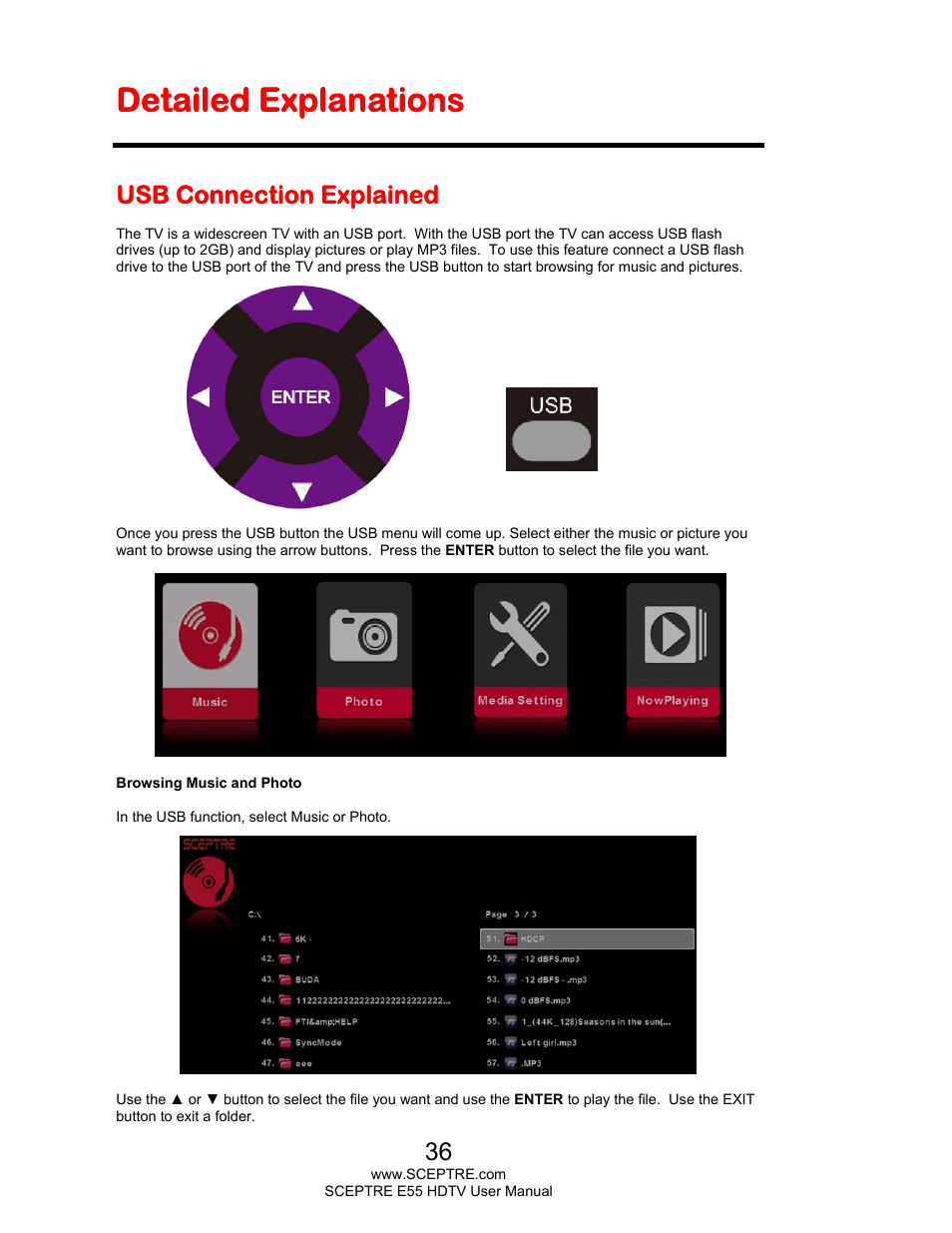 Detailed explanations, Usb connection explained | Sceptre E555BV-FMQR User Manual | Page 36 / 57