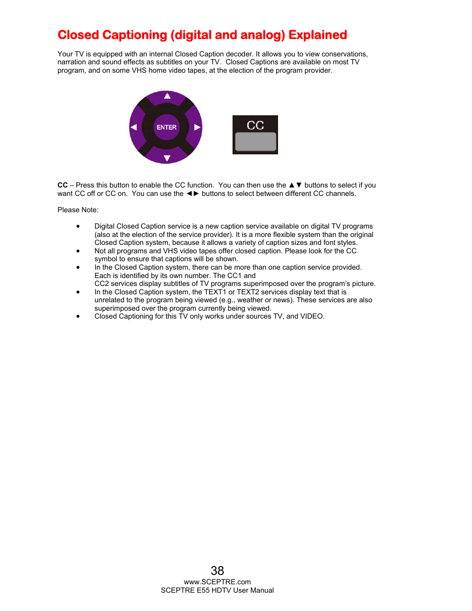 Closed captioning (digital and analog) explained | Sceptre E555BV-FMQR User Manual | Page 38 / 57