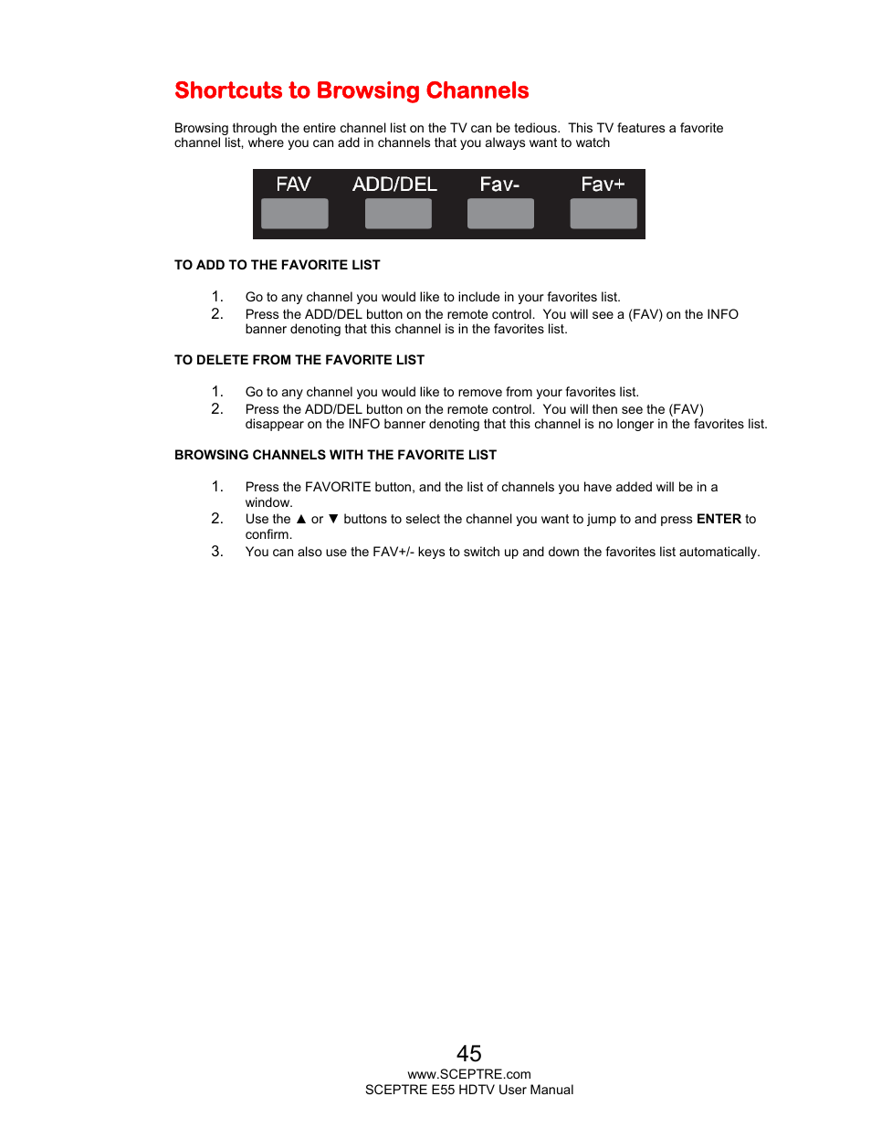 Shortcuts to browsing channels | Sceptre E555BV-FMQR User Manual | Page 45 / 57