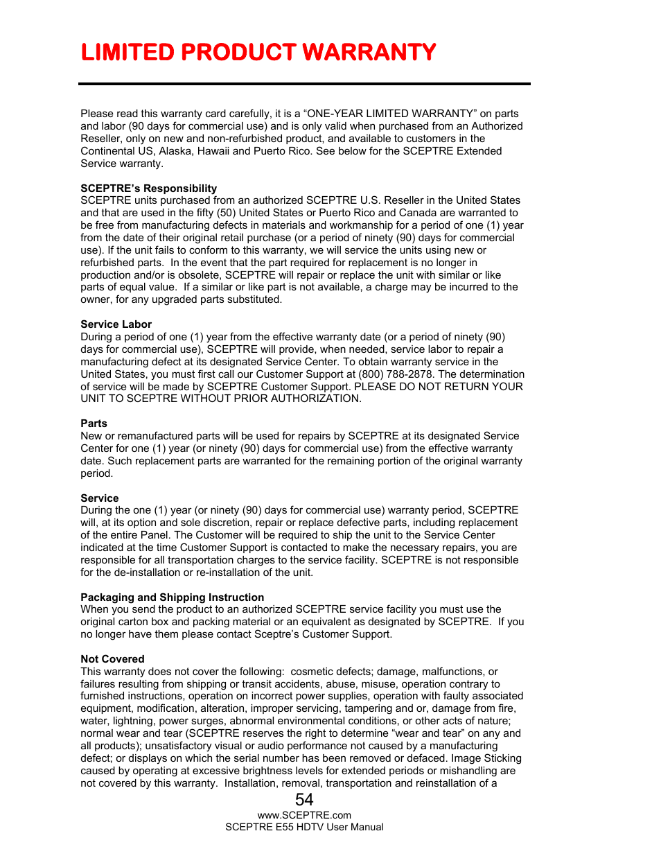 Limited product warranty | Sceptre E555BV-FMQR User Manual | Page 54 / 57