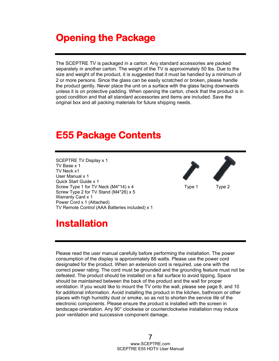 Opening the package, E55 package contents, Installation | Sceptre E555BV-FMQR User Manual | Page 7 / 57