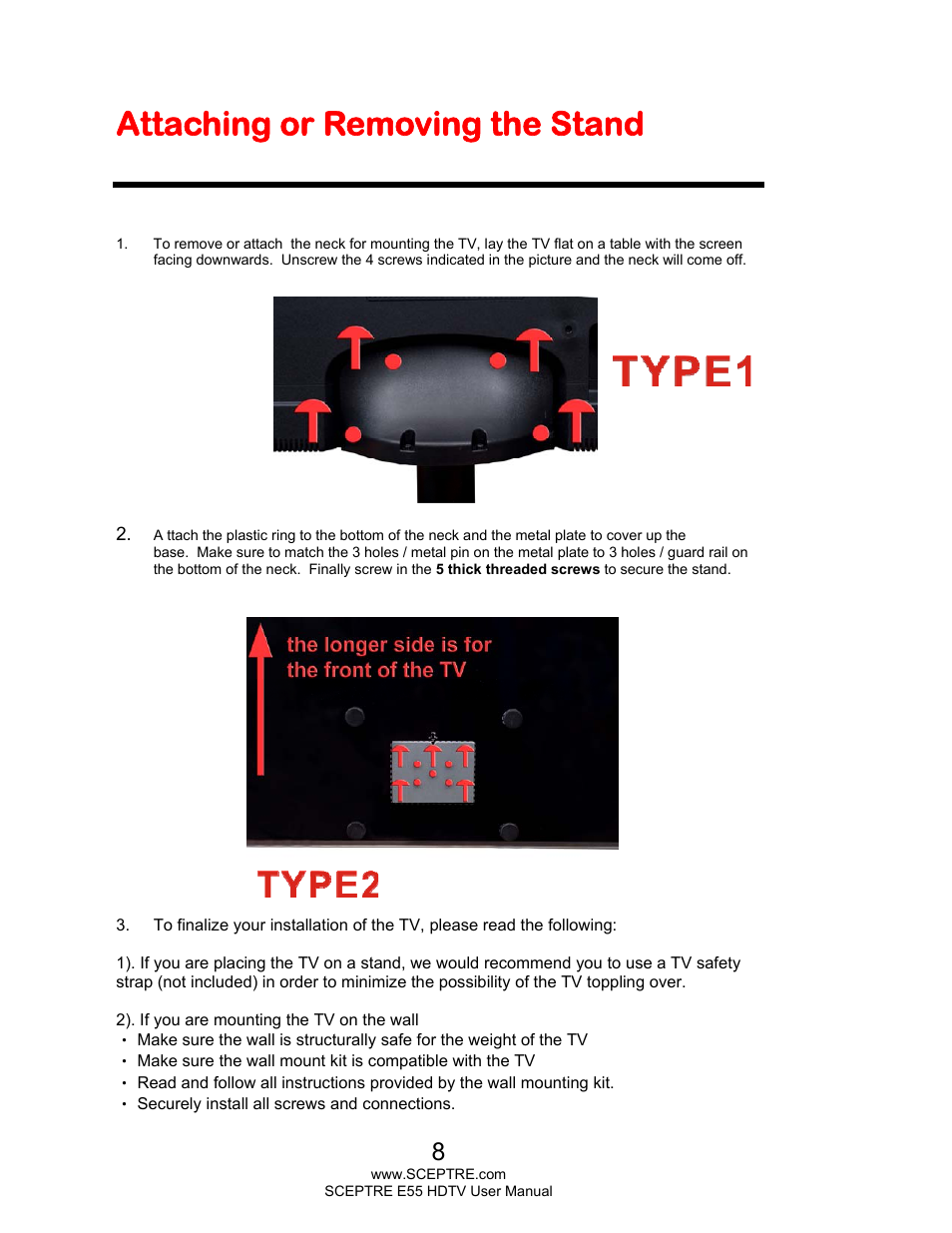 Attaching or removing the stand | Sceptre E555BV-FMQR User Manual | Page 8 / 57