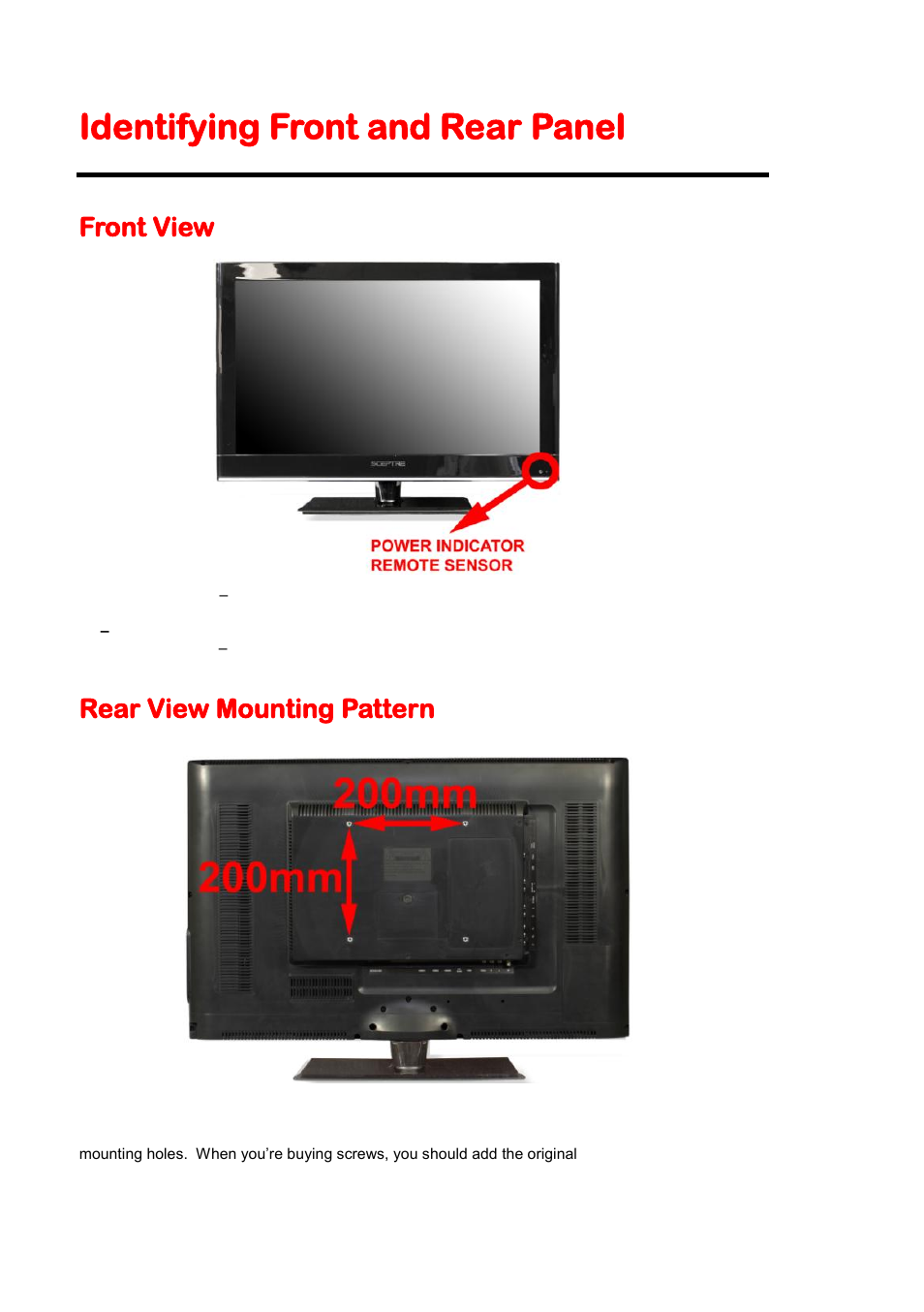 Identifying front and rear panel, Front view, Rear view mounting pattern | Sceptre X322BV-HD User Manual | Page 10 / 55