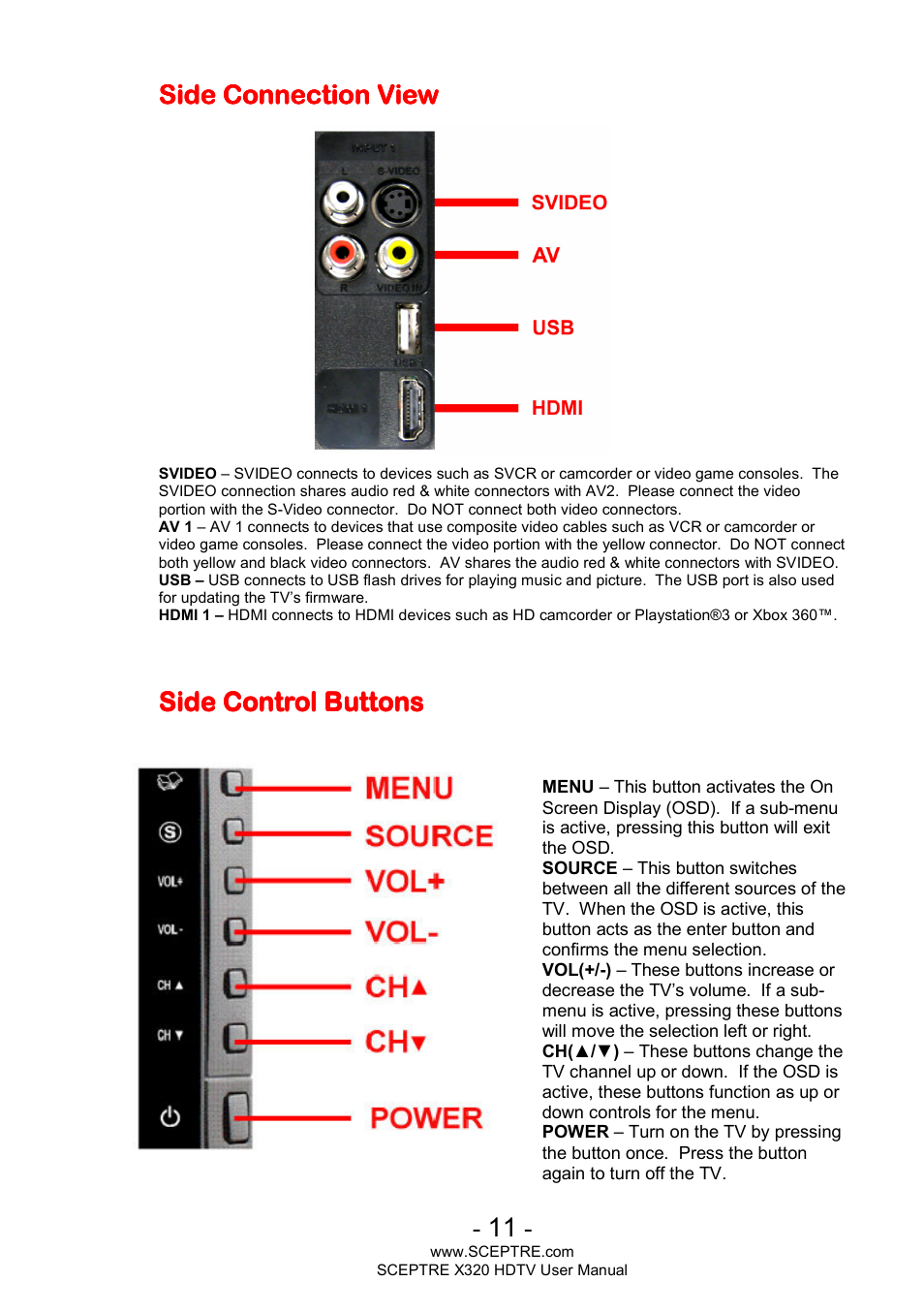 Side connection view, Side | Sceptre X320BV-ECO User Manual | Page 11 / 49