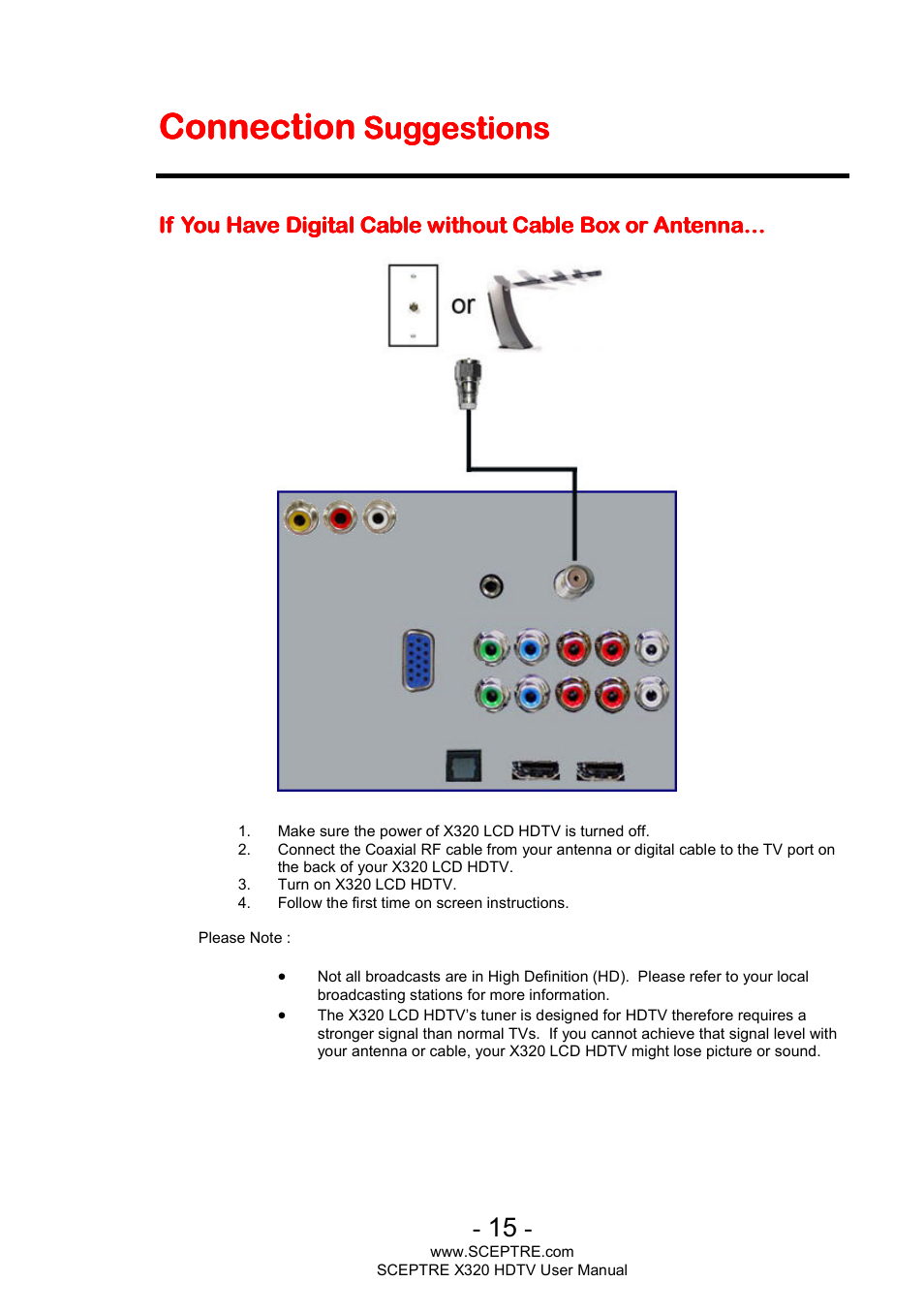 Connect, Connect connection ion ion ion, Suggestions | Sceptre X320BV-ECO User Manual | Page 15 / 49