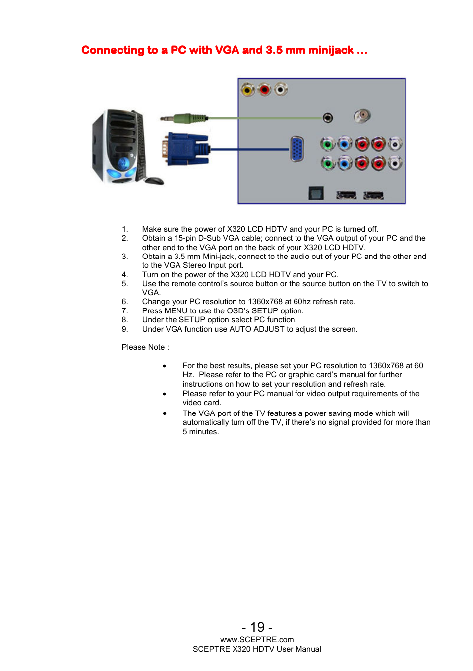 Connecting to a pc with vga and 3.5 mm minijack | Sceptre X320BV-ECO User Manual | Page 19 / 49
