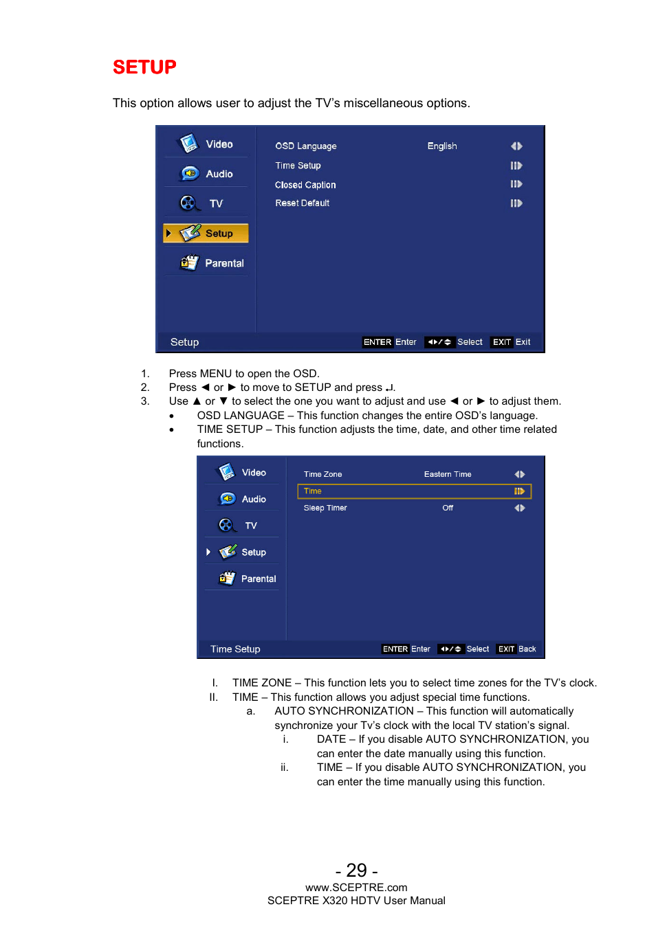 Setup | Sceptre X320BV-ECO User Manual | Page 29 / 49