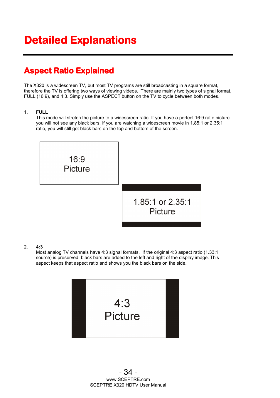 Detailed explanations, Aspect ratio explained | Sceptre X320BV-ECO User Manual | Page 34 / 49