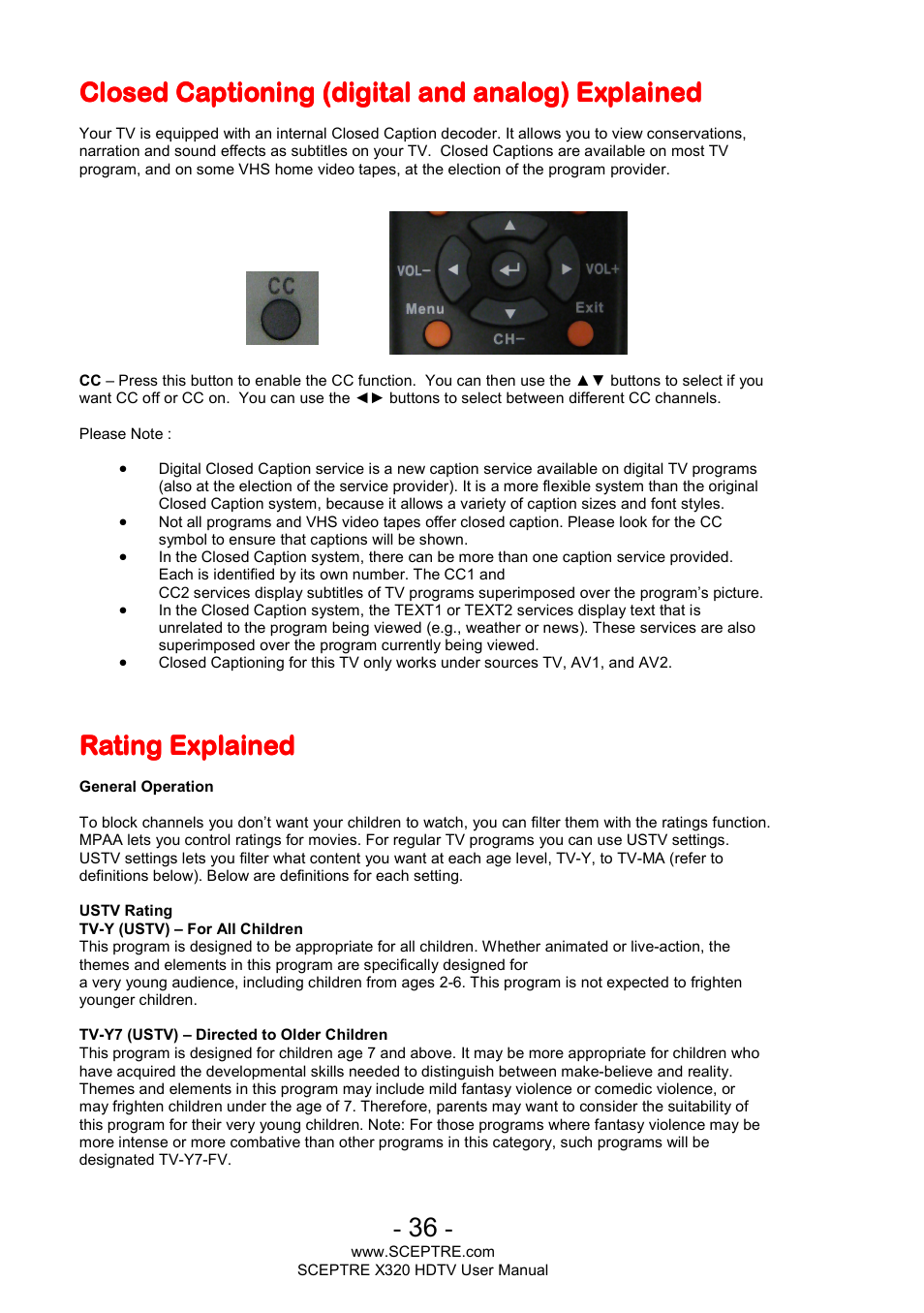 Closed captioning (digital and analog) explained, Rating explained | Sceptre X320BV-ECO User Manual | Page 36 / 49